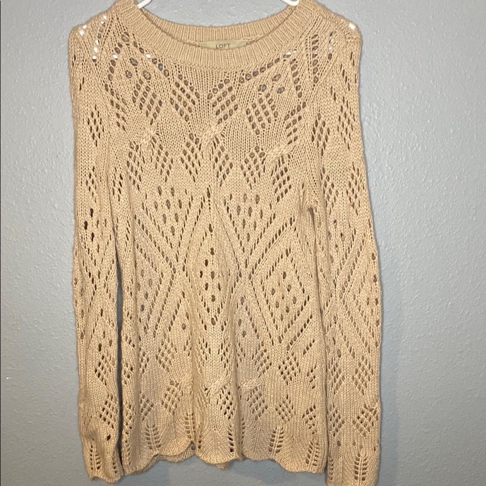 Loft Dusty Pink Crochet Knit Semi Sheer Soft Crew Neck Sweater Size XS